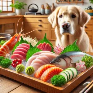 生魚やお刺身と犬の画像