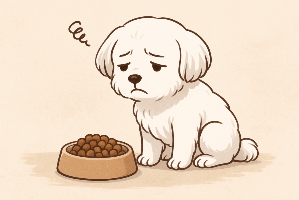 えさを食べたくなさそうな犬.